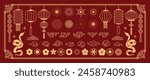 Chinese New Year icons vector set. Year of the snake with snake, cherry blossom flower, firework, hanging lantern, cloud isolated icon of Asian Lunar New Year. Oriental culture tradition illustration.