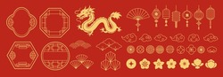Chinese New Year Icons Vector Set. Chinese Paper Lantern, Dragon, Fan, Cloud, Coin, Flower Isolated Icons Of Asian Lunar New Year Holiday Decoration Vector. Oriental Culture Tradition Illustration.