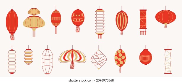 Chinese New Year Icons vector set. Chinese paper lantern and red lamp isolated icons of Asian Lunar New Year holiday decoration vector. Oriental culture tradition illustration.
