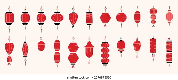Chinese New Year Icons vector set. Chinese paper lantern and red lamp isolated icons of Asian Lunar New Year holiday decoration vector. Oriental culture tradition illustration.
