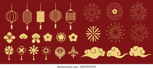 Chinese New Year Icons vector set. Chinese paper lantern and red lamp isolated icons of Asian Lunar New Year holiday decoration vector. Oriental culture tradition illustration.
