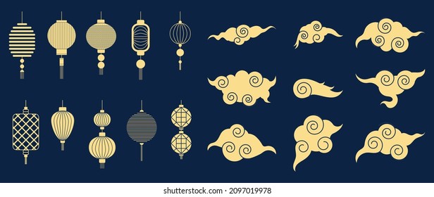 Chinese New Year Icons vector set. Chinese paper lantern and red lamp isolated icons of Asian Lunar New Year holiday decoration vector. Oriental culture tradition illustration.
