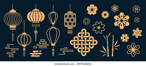 Chinese New Year Icons vector set. Chinese paper lantern and red lamp isolated icons of Asian Lunar New Year holiday decoration vector. Oriental culture tradition illustration.
