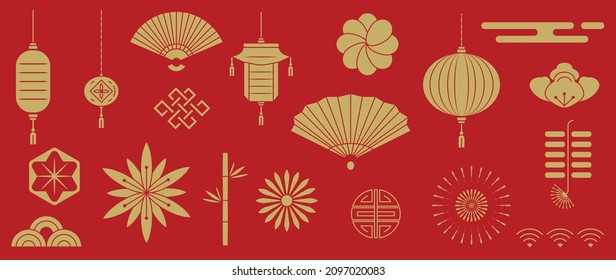 Chinese New Year Icons vector set. Chinese paper lantern and red lamp isolated icons of Asian Lunar New Year holiday decoration vector. Oriental culture tradition illustration.
