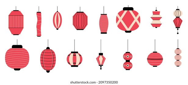 Chinese New Year Icons vector set. Chinese paper lantern and red lamp isolated icons of Asian Lu