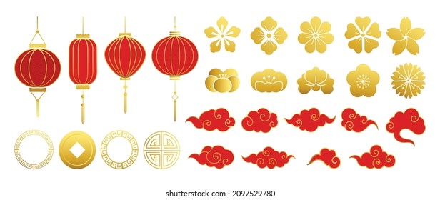 Chinese New Year Icons vector set. Chinese paper lantern and red lamp isolated icons of Asian Lunar New Year holiday decoration vector. Oriental culture tradition illustration.