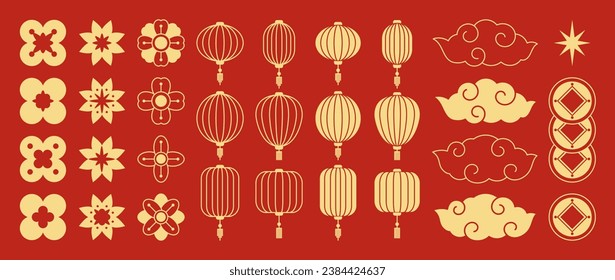 Juego de vectores de iconos de Año Nuevo chino. Linterna china de papel, nube, moneda, flores y lámpara roja aislados íconos de la decoración del Año Nuevo Lunar Asiático. Ilustración de la tradición cultural oriental.