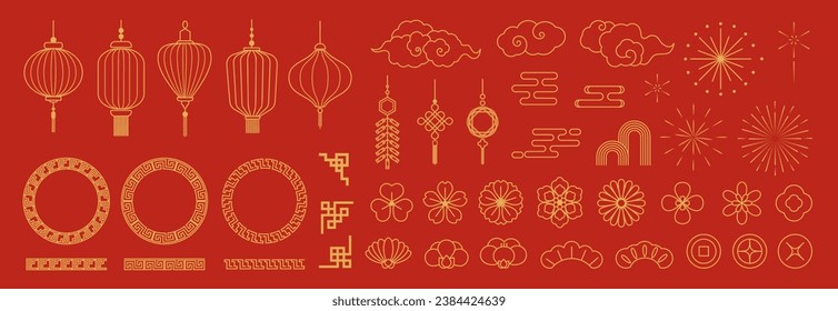 Chinese New Year Icons vector set. Chinese paper lantern, fan, cloud, flower, firework isolated icons of Asian Lunar New Year holiday decoration vector. Oriental culture tradition illustration.