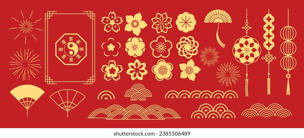 Chinese New Year Icons vector set. Cherry blossom flower, firework, wave, lantern, fan, coin isolated icons of Asian Lunar New Year holiday decoration vector. Oriental culture tradition illustration.