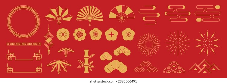 Chinese New Year Icons vector set. Cherry blossom flower, firework, sea wave, bamboo, fan isolated icons of Asian Lunar New Year holiday decoration vector. Oriental culture tradition illustration.