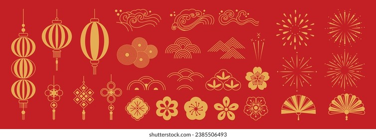 Chinese New Year Icons vector set. Cherry blossom flower, firework, sea wave, lantern, fan isolated icons of Asian Lunar New Year holiday decoration vector. Oriental culture tradition illustration.