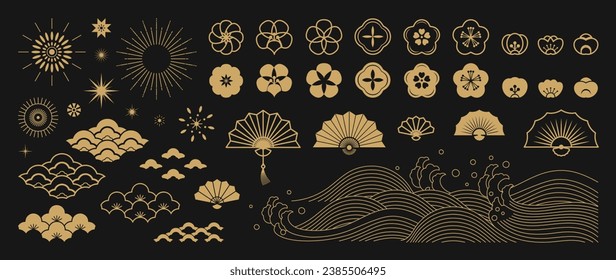 Chinese New Year Icons vector set. Cherry blossom flower, firework, sea wave, fan, cloud isolated icons of Asian Lunar New Year holiday decoration vector. Oriental culture tradition illustration.