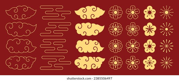 Juego de vectores de iconos de Año Nuevo chino. Colección de flores de flores de flores de cerezo, fuegos artificiales, nubes, aislados de viento de íconos de decoración del Año Nuevo Lunar Asiático. Ilustración de la tradición cultural oriental.