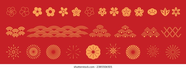 Juego de vectores de iconos de Año Nuevo chino. Flor de flores de cerezo, fuegos artificiales, olas de mar aisladas íconos de la decoración del Año Nuevo Lunar Asiático. Ilustración de la tradición cultural oriental.