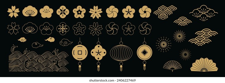 Chinese New Year Icons vector set. Cherry blossom flower, sea wave, hanging lantern, cloud isolated icons of Asian Lunar New Year holiday decoration vector. Oriental culture tradition illustration.