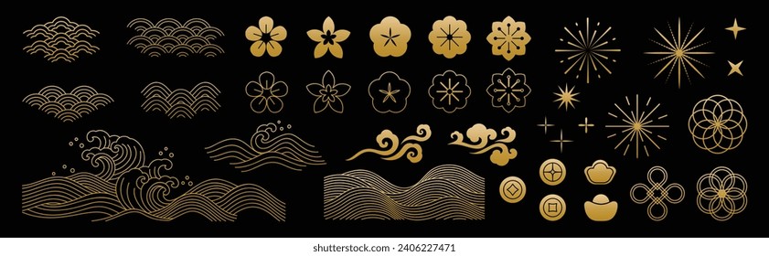 Chinese New Year Icons vector set. Cherry blossom flower, sea wave, hanging lantern, cloud isolated icons of Asian Lunar New Year holiday decoration vector. Oriental culture tradition illustration.