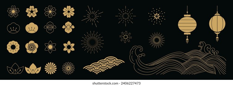 Chinese New Year Icons vector set. Cherry blossom flower, sea wave, hanging lantern, firework isolated icons of Asian Lunar New Year holiday decoration vector. Oriental culture tradition illustration.