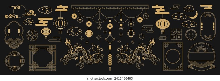 Chinese New Year Icons vector set. Cherry blossom flower, frame, dragon, lantern, cloud isolated icon of Asian Lunar New Year holiday decoration vector. Oriental culture tradition illustration.