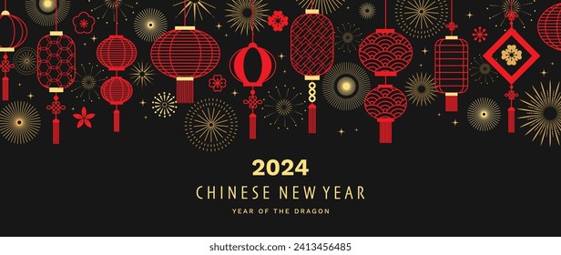 Chinese New Year Icons vector set. Cherry blossom flower, hanging lantern, firework, sparkle isolated icon of Asian Lunar New Year holiday decoration vector. Oriental culture tradition illustration.