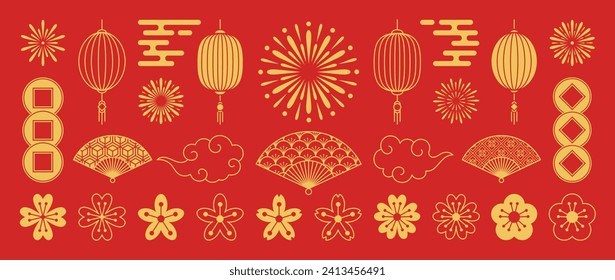 Juego de vectores de iconos de Año Nuevo chino. Flor de flores de cerezo, ventilador, fuegos artificiales, linterna colgante, nube aislada icono del vector de decoración del Año Nuevo Lunar Asiático. Ilustración de la tradición cultural oriental.