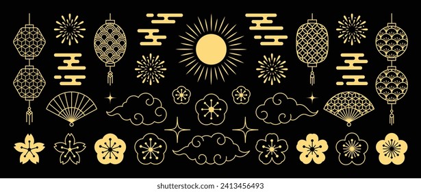 Chinese New Year Icons vector set. Cherry blossom flower, fan, firework, hanging lantern,cloud isolated icon of Asian Lunar New Year holiday decoration vector. Oriental culture tradition illustration.