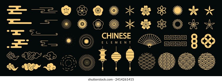 Chinese New Year Icons vector set. Cherry blossom flower, firework, hanging lantern, cloud isolated icon of Asian Lunar New Year holiday decoration vector. Oriental culture tradition illustration.