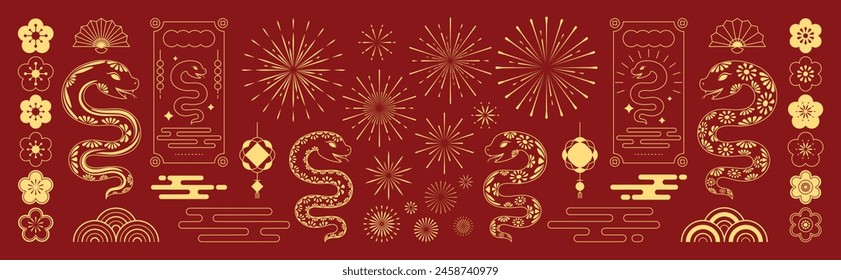 Chinese New Year icons vector set. Year of the snake with snake, cherry blossom flower, firework, hanging lantern, cloud isolated icon of Asian Lunar New Year. Oriental culture tradition illustration.