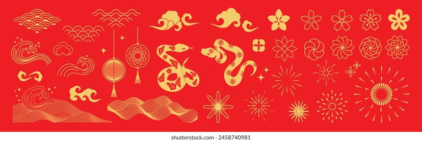 Chinese New Year icons vector set. Year of the snake with snake, cherry blossom flower, firework, hanging lantern, cloud isolated icon of Asian Lunar New Year. Oriental culture tradition illustration.