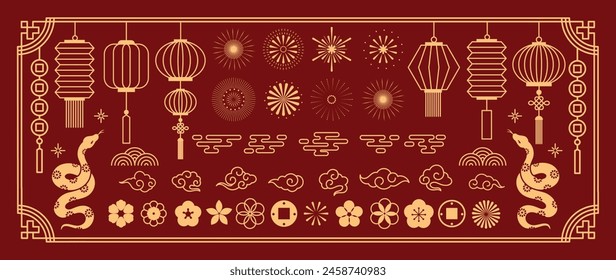 Chinese New Year icons vector set. Year of the snake with snake, cherry blossom flower, firework, hanging lantern, cloud isolated icon of Asian Lunar New Year. Oriental culture tradition illustration.