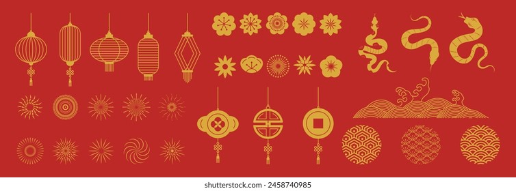 Chinese New Year icons vector set. Year of the snake with snake, cherry blossom flower, firework, hanging lantern, cloud isolated icon of Asian Lunar New Year. Oriental culture tradition illustration.