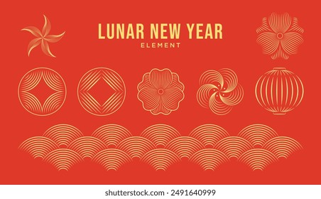 Chinese New Year Icons vector set, Vector illustration of golden apricot, cloud, lantern, coin, hoa mai, blossom. Elegant oriental illustration for cover, banner, website, calendar, envelope. Line art