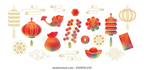 Chinese New Year icons vector set. Year sign, cherry blossom flower, firework, hanging lantern, cloud isolated icon of Asian Lunar Holiday. Pot with money, oriental culture tradition illustration