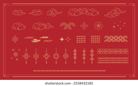 Chinese New Year icons vector set. Year of the snake with snake, cherry blossom flower, firework, hanging lantern, cloud icon of Asian Lunar New Year. vector design.