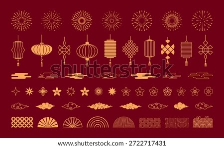 Chinese New Year icons vector set. Pattern, flower, cloud, lantern, firework for Asian Lunar holiday. Gold decoration for poster banner card.