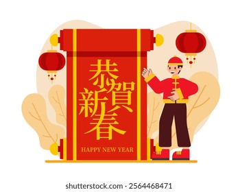 Chinese New Year Illustration, Bringing Good Fortune, Writing Prosperity with Giant Red Calligraphy Scroll, Flat Vector Illustration