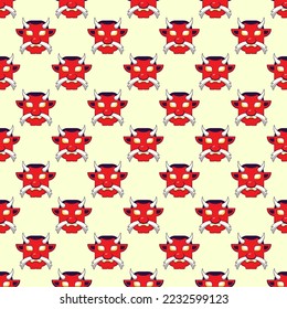 Chinese New Year illustration. Colorful seamless vector pattern of cartoon devil mask. Vibrant image for web sites, printing and wrapping 