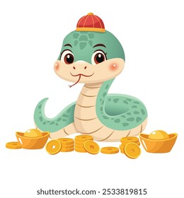 Ilustración china del Año Nuevo de una serpiente linda de la historieta que lleva un sombrero tradicional, rodeado por pilas de monedas de oro. 