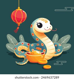 Chinese New Year illustration with elegant snake, lantern, ingots, green plants and oriental clouds, isolated vector design