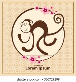 Chinese New Year illustration, funny monkey in circle, symbol of 2016 year, sakura flowers, design for card, banner