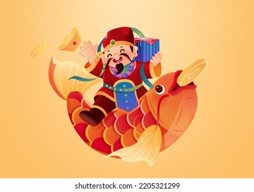 Chinese new year illustration. God of wealth, who is sitting on a koi fish with coin in the mouth isolated on yellow background.