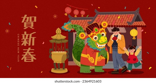 Chinese new year illustration. God of wealth dragon and people greeting each other in front of temple on dark red background. Text: Happy new year.