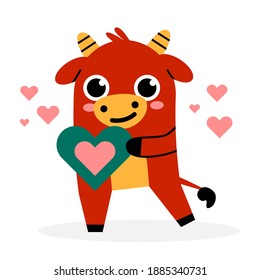 Chinese New Year illustration isolated. Year of the ox - 2021. Animal mascot cartoon character. Red ox, bull in love  is holding a heart, valentine. Chinese zodiac sign by the lunar oriental calendar
