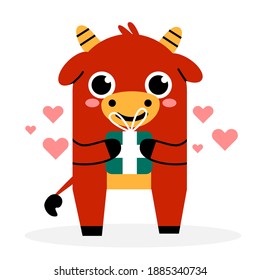 Chinese New Year illustration isolated. Year of the ox - 2021. Animal mascot cartoon character. Red ox, bull or cow  is holding a present. Chinese zodiac sign by the lunar oriental calendar