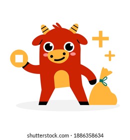 Chinese New Year illustration isolated. Year of the ox, 2021. Animal cartoon character. Red ox or bull is holding a gold coin and a bag of wealth. Chinese zodiac sign by the lunar oriental calendar
