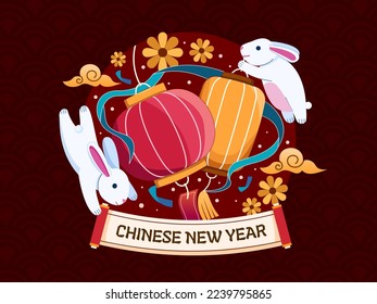 Chinese New Year Illustration With Chinese Lantern and cute rabbit around.
Happy new year 2023 Year of Rabbit.
Chinese Lantern Festival.
Can use for greeting card, postcard, invitation, banner, etc