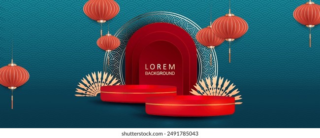Chinese New Year illustration with podium and balloon lanterns.