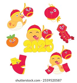 Chinese New Year illustration set featuring festive ornaments and dominant snake zodiac elements.