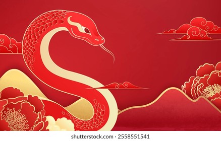 Chinese New Year Illustration of the Year of the Snake Red snake surrounded by peony flowers and moire