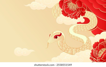 Chinese New Year Illustration of the Year of the Snake Golden snake with peonies and moire on a yellow background