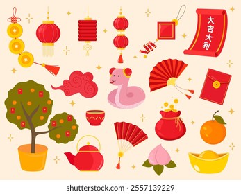 Chinese new year illustrations featuring cultural symbols and celebrations in a festive environment